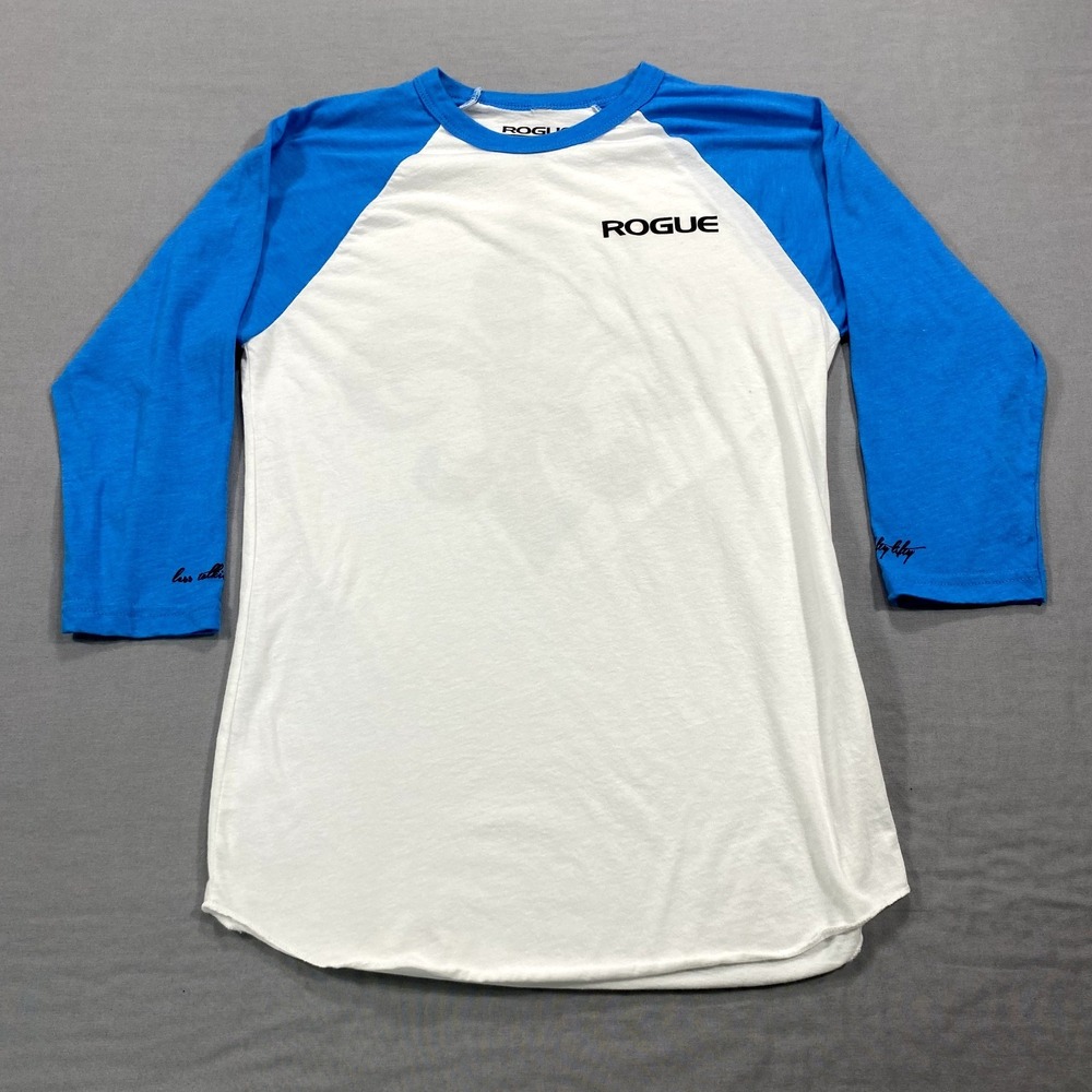Rogue Fitness Shirt Adult Small Whit Blue Raglan 3/4 Sleeve More Lifty Mens‎